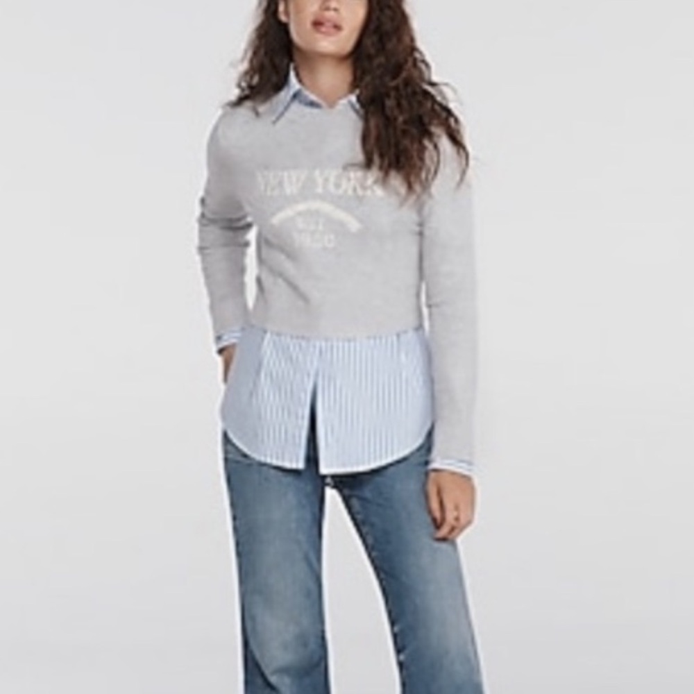 Gray New York Crewneck Sweater Cropped Express Women Preppy Collegiate Size XS